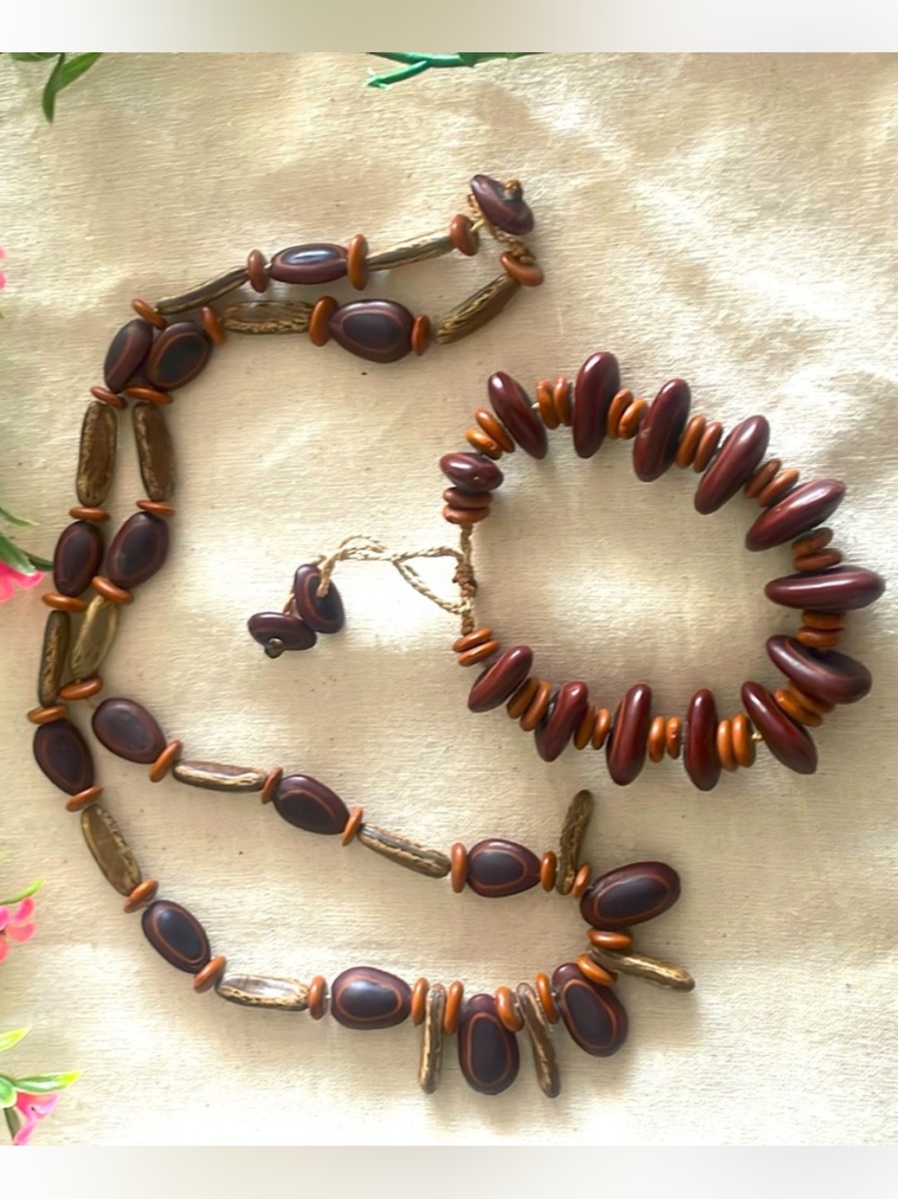 Boho Tropical Seed Choker Necklace Matching Bracelet Set Brown NEW NWOT